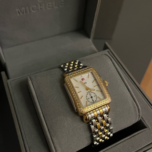 MICHELE Women's Watch Deco Diamond Two Tone Gold Silver w/box *need new battery* - Picture 4 of 6